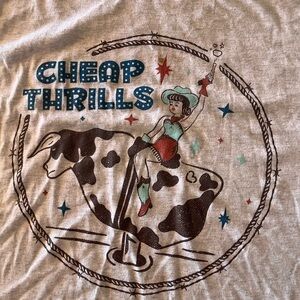Cheap Thrills Graphic Cowgirl Tee - Cream with Teal & Red Artwork